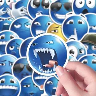 现货】100张Q版蓝脸emoji贴趣味表情抽象性张力猎奇大眼仔手账贴