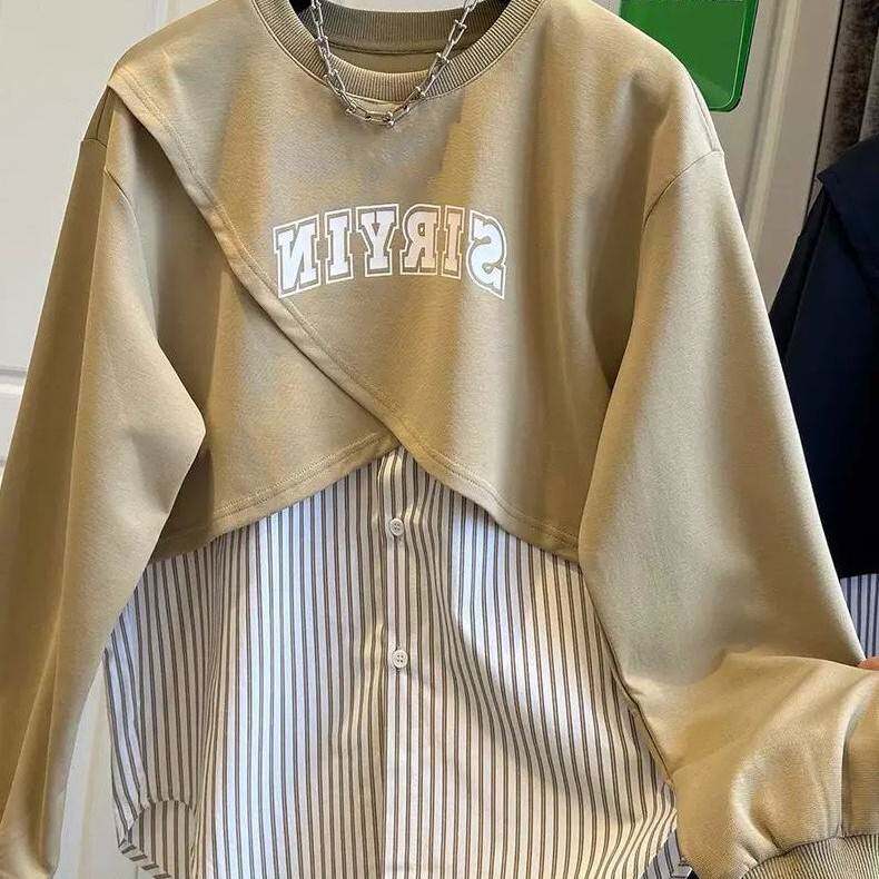 2-300斤大码设计感拼接条纹卫衣女春秋爆款宽松慵懒风假两件上衣