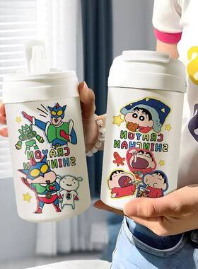 蜡笔Shin-Chan海绵保温杯女孩高颜值咖啡杯可爱便携式不锈钢双饮