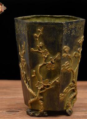 宏达铜器 纯铜鎏金六角铜笔筒文玩收藏礼品摆件