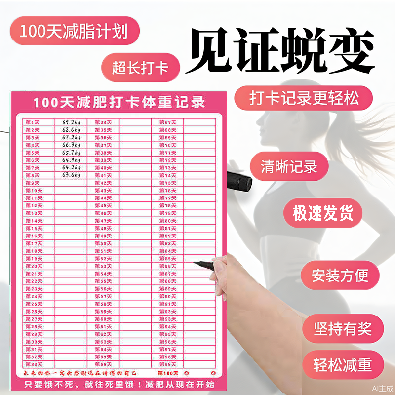 减肥计划表墙贴30天50天60天100天瘦身时间计划激励健身运动表