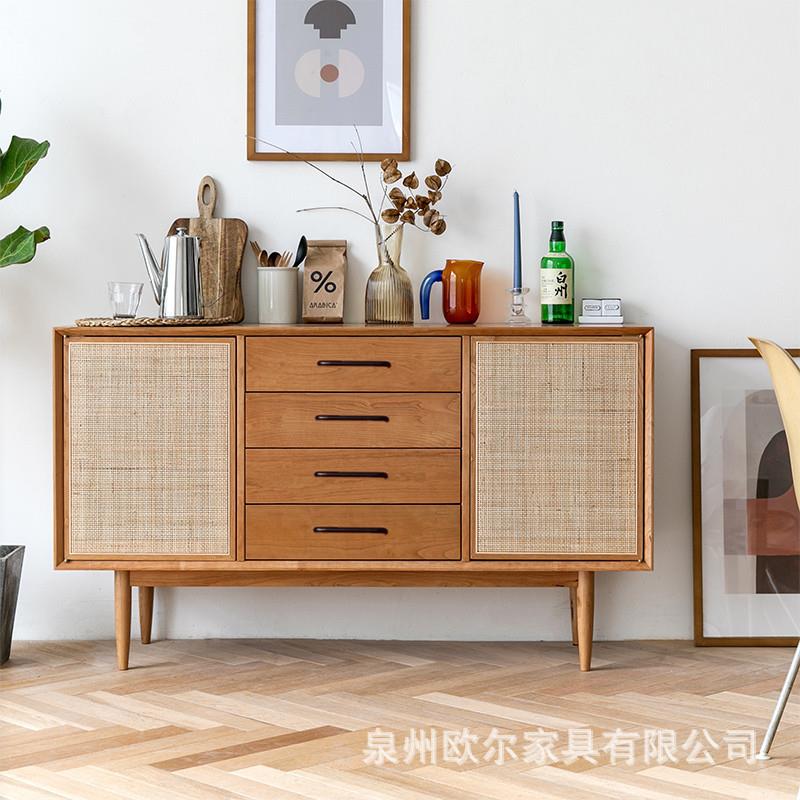 北欧实木餐边柜简约餐厅备餐收纳碗柜家用厨房藤编玄关柜茶水柜