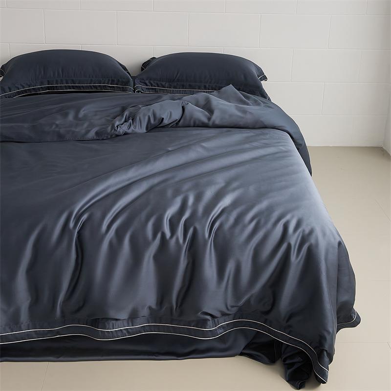 全棉100支贡缎长绒棉四件套简约纯色滚条轻奢撞色宽边被套床笠款