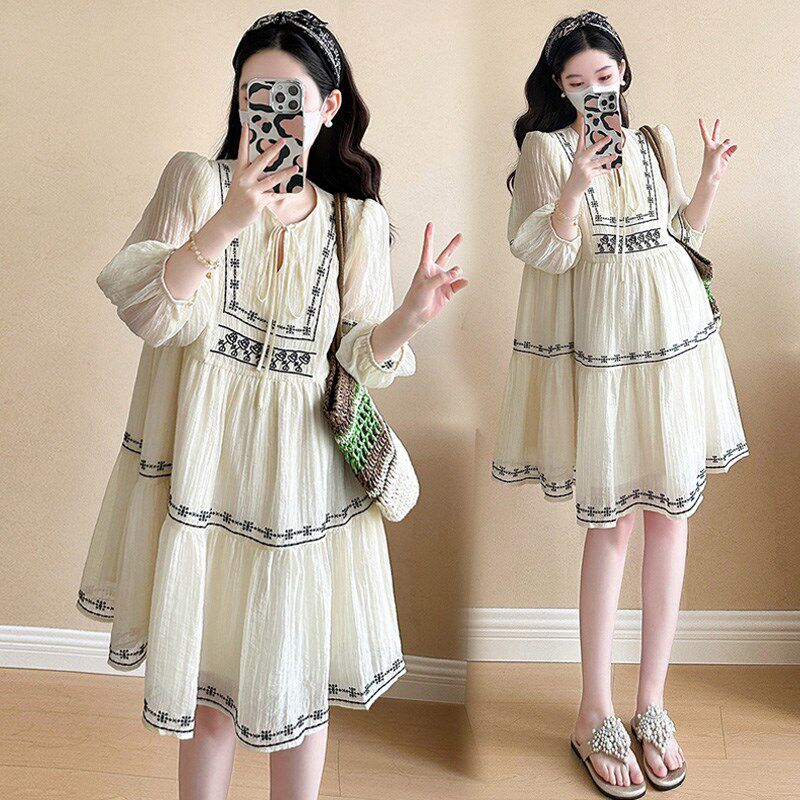 孕妇装夏天裙子中长款小个子七分袖A字裙宽松减龄新款孕期连衣裙