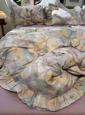 田园风紫色花边全棉床上四件套15m18L宿舍被套床单三件套少女心