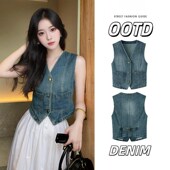 无袖 牛仔马甲女夏季 设计感复古薄款 坎肩背心马夹后背系带外套上衣