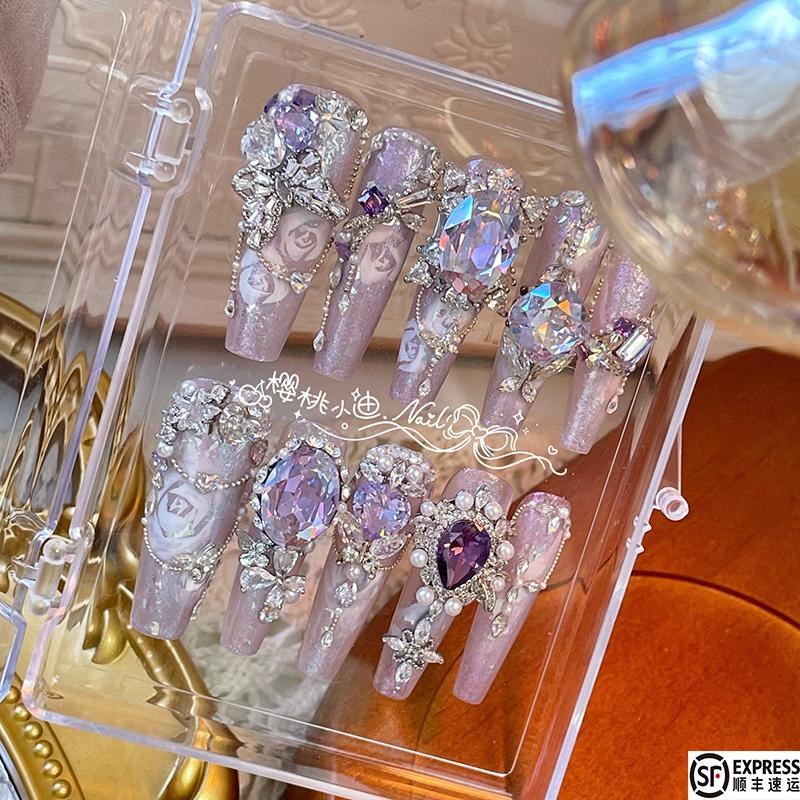 紫色殿堂轻奢满钻手工定制穿戴甲水彩玫瑰爆闪新款可拆卸指甲美甲