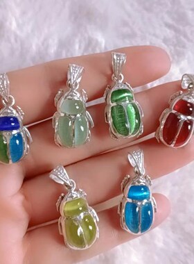 埃及旅游纪念品手工银饰首饰立体动物可爱圣甲虫彩色镶嵌项坠吊坠