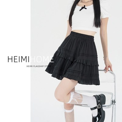 黑色蛋糕裙女春夏季芭蕾风荷叶边蓬蓬裙小个子防走光白色a字短裙