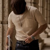 重磅厚实纯棉短袖 口袋T恤男夏季 合身美式 古叔着 复古工装 咔叽男