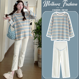 圆领条纹休闲宽松上衣牛仔裤 孕妇套装 时尚 春秋长袖 两件套 2024新款
