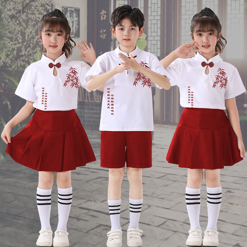 新款儿童中国风汉服毕业班服幼儿园园服中国红童声合唱服朗诵服装