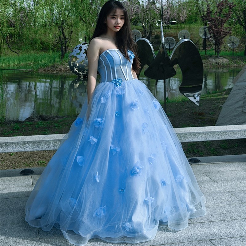 浅蓝色礼服洋气轻婚纱缎面蓝裙甜美连衣裙结婚登记礼服裙