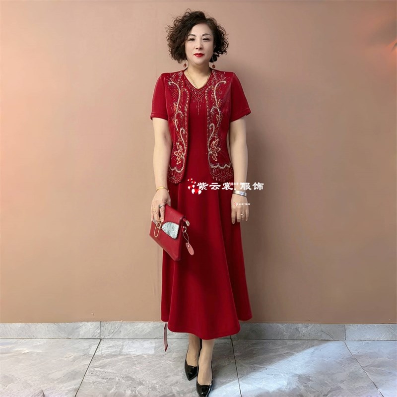 夏季新款婚礼妈妈礼服高贵喜婆婆结婚宴装短袖两件套装大码连衣裙
