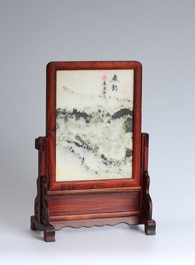 红木屏风酸枝木雕嵌天然大理石插屏台屏明清桌面玄关供桌条案摆件