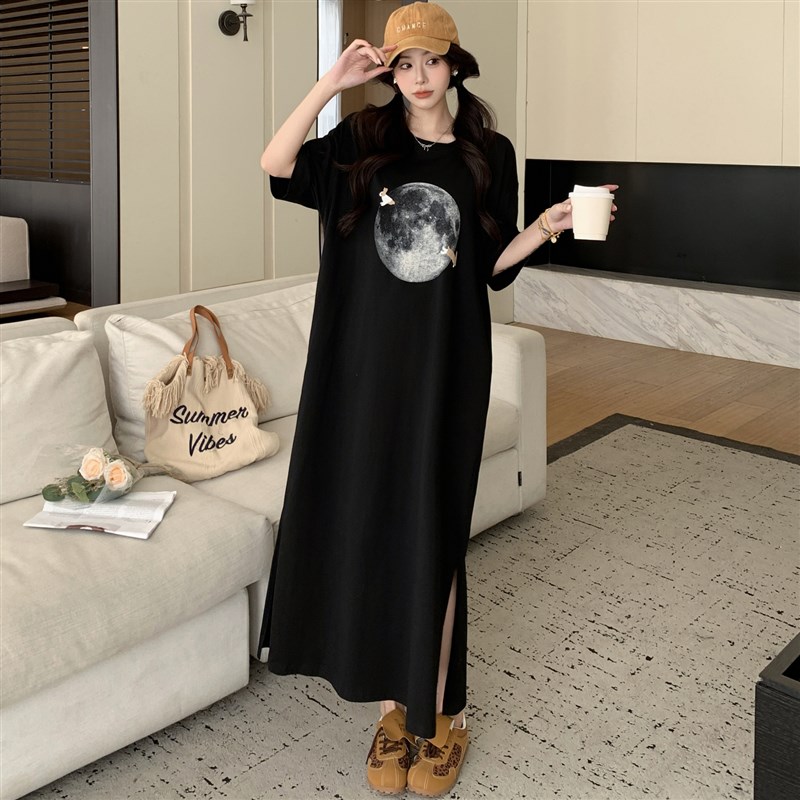 夏季新款黑色t恤女2025胖mm大码宽松长款过膝长裙短袖夏天连衣裙