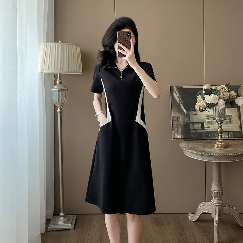 黑色翻领休闲连衣裙女夏季小个子撞色拼接宽松显瘦短袖直筒T恤裙
