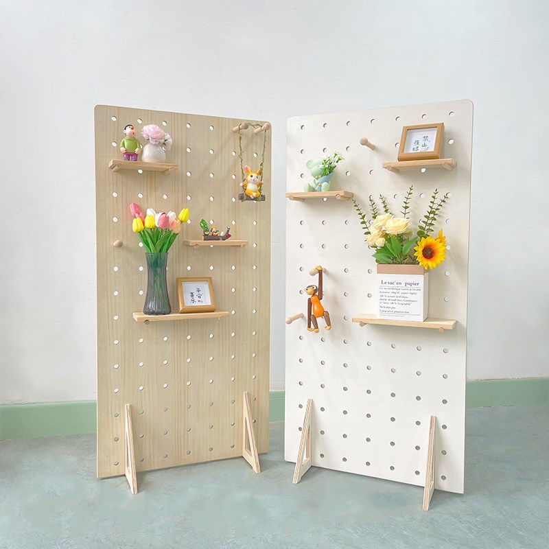 实木洞洞板立式屏风隔断免打孔装饰置物架展示架落地玄关定制