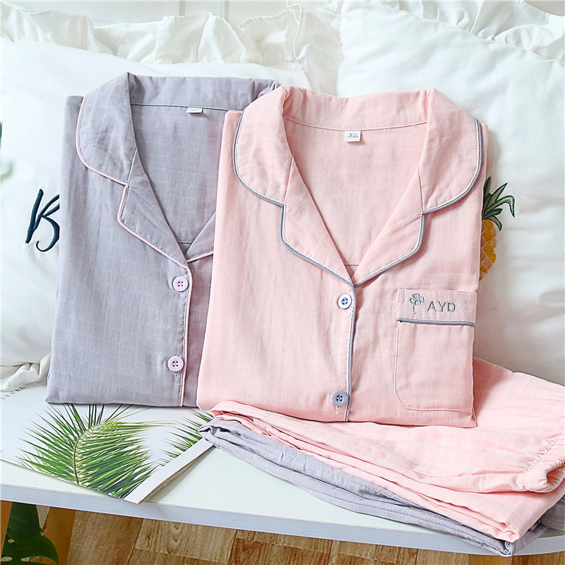 日系纯棉纱布长袖睡衣女士全棉开衫纯色大码家居服套装薄款可外穿