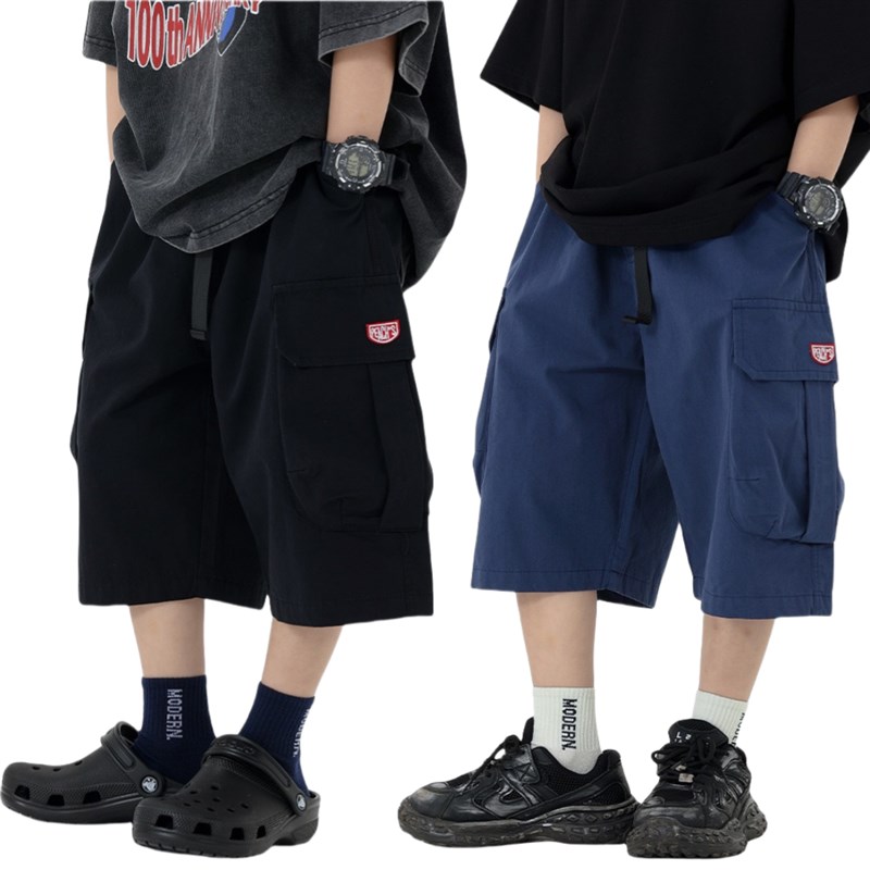 4色日系男童夏季纯棉工装中裤儿童大口袋休闲五分短裤子潮酷百搭