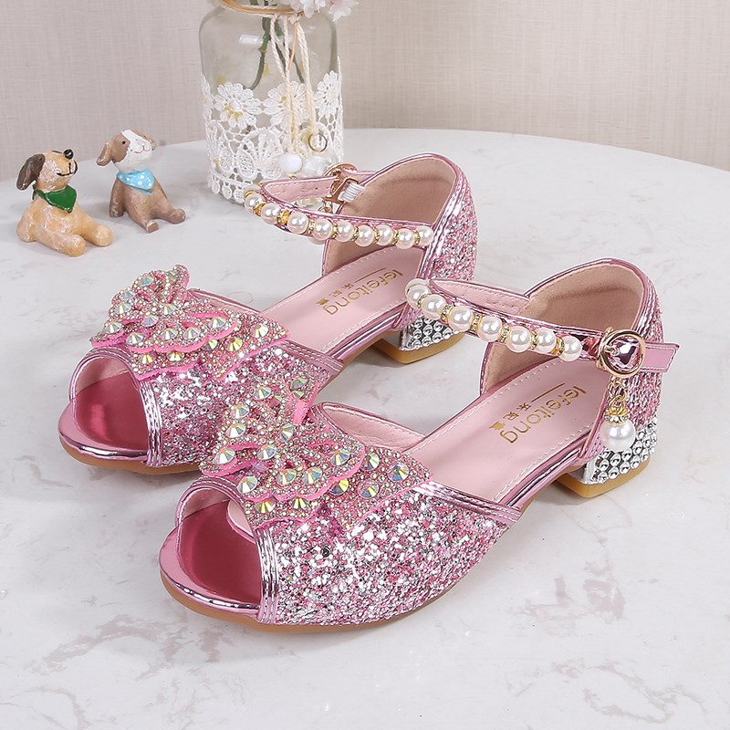 女童凉鞋高跟鞋小孩主持人钢琴演出鞋儿童银色舞台礼服水晶公主鞋