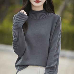 秋冬新款 女100%T纯棉加厚显瘦毛 时尚 慵懒风宽松半高领针织打底衫