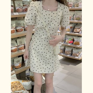 短裙初恋 复古温柔风方领碎花连衣裙女小个子夏季 新L款 法式 泡泡袖