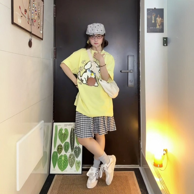 甜美奶乖休闲运动服套装女夏季纯棉短袖格子半身裙韩系Z可爱两件