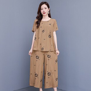 上衣阔腿裤 p大码 短袖 休闲家居服睡 两件套时尚 女夏季 套装 2024新款