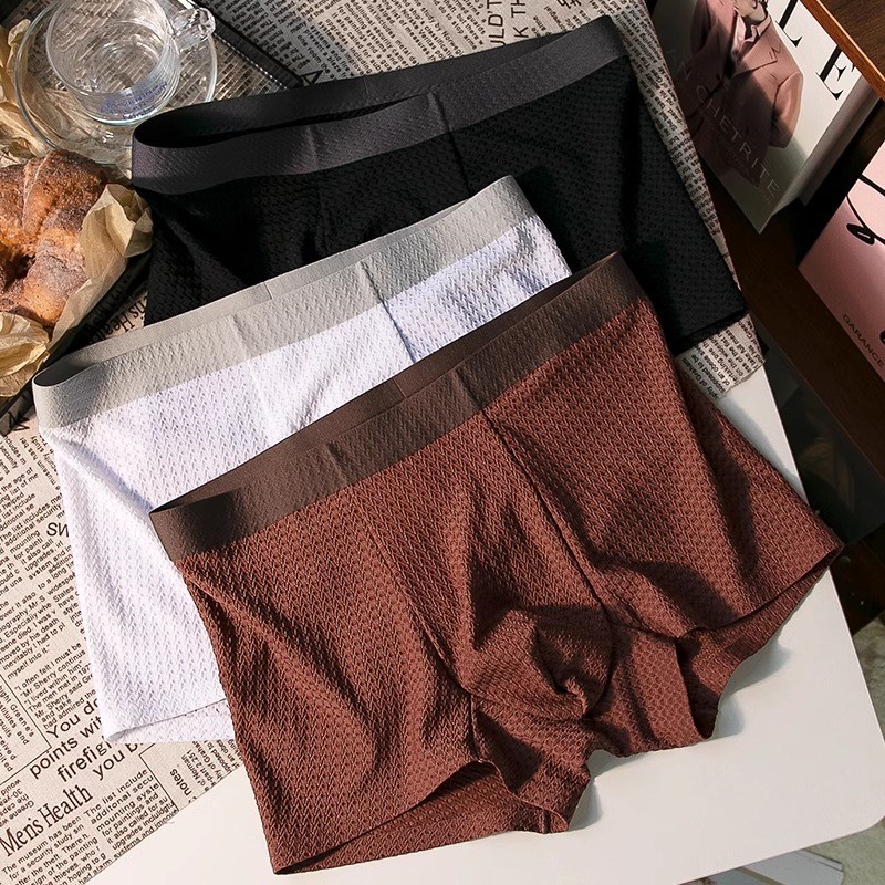 男士内裤夏季冰丝无痕网孔透气抗菌轻薄中腰提花运动平角裤四角裤