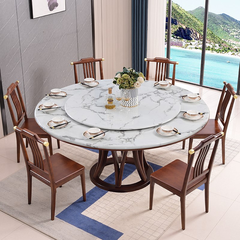 实木餐桌新中式大理石圆形饭店2m大圆桌带转盘12人现代简约吃饭桌