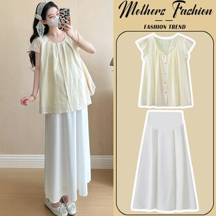 夏季 休闲短袖 2025新款 时尚 上衣半身裙两件套女 韩版 孕妇连衣裙套装