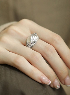 990纯银玉髓莲花新中式国风个性设计感复古开口民族风戒指女小众