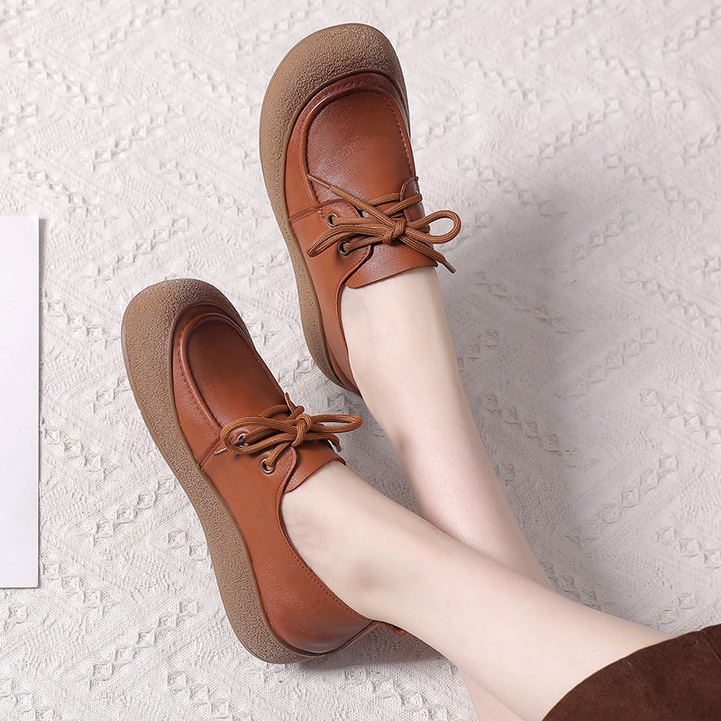 头层牛皮大码女单鞋厚底系带真皮休闲鞋2025圆头妈妈鞋软底小皮鞋