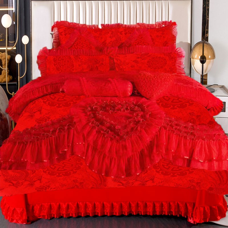 婚庆四件套床裙大红刺o绣龙凤结婚房礼六件套床上用品喜庆新婚床
