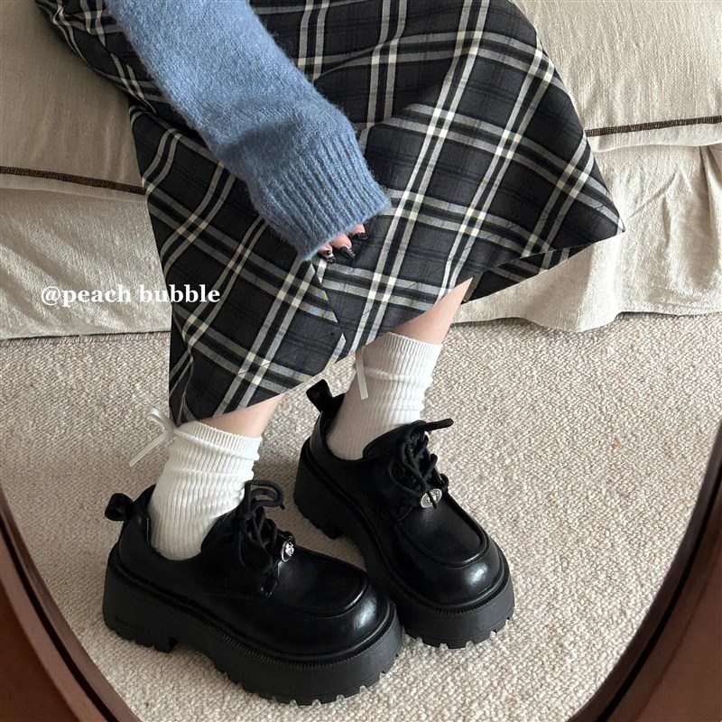 甜桃泡泡英伦风复古厚底小皮鞋女2025新款春季黑色增高百搭单鞋