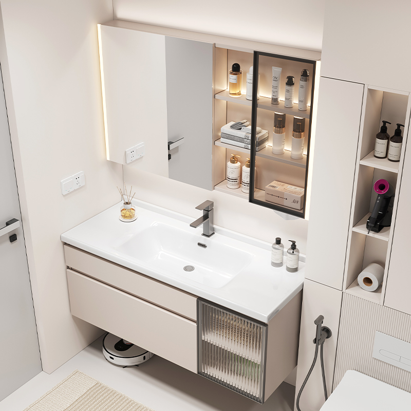 奶油风实木浴柜组合小户型化妆室岩板陶瓷一体洗脸盆洗手洗漱台