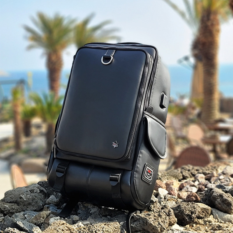 韩国EXIT全PU皮青年男士背包2021款商务出差旅行大容量双肩电脑包