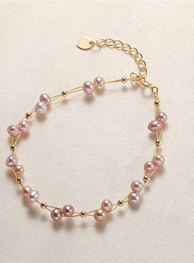 小女生淡水珍珠手链休闲软金丝编制手链潮流手饰招桃花好运手链