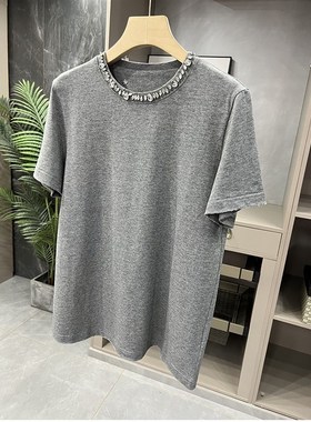 时髦精!人手一件!订钻破洞领短袖棉T恤上衣女 94872