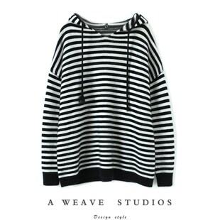 乍一看!!重重量加厚纯羊绒针织衫女式运动衫休闲连帽黑色和白色条