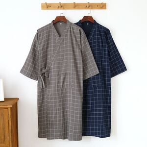 日系简约格子双层棉纱和服系带睡袍男士春秋季全棉浴袍睡衣汗蒸服