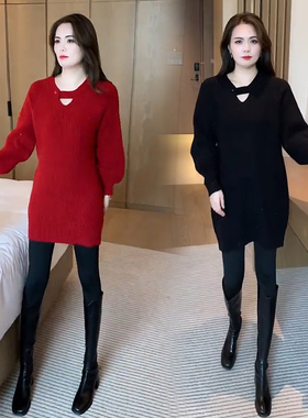 红色毛衣连衣裙女春秋季202w5新款小个子中长款设计感长袖针织裙
