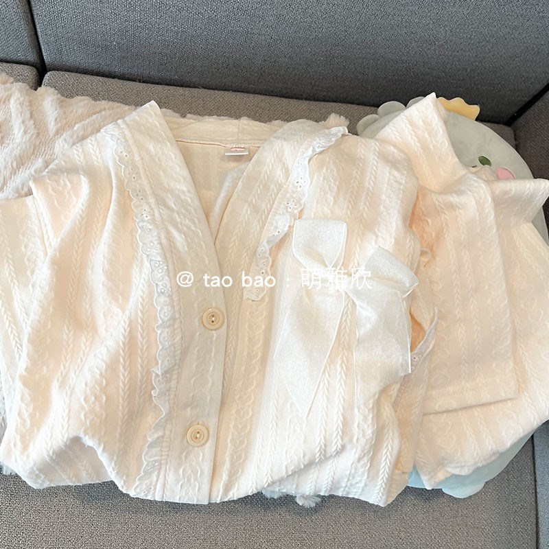 奶乎乎睡衣女款春秋冬季纯棉长袖长裤套装韩版甜美花边开衫家居服