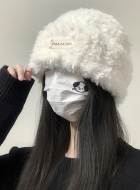 白色毛绒帽子女秋冬季显脸小保暖护耳川西L毛茸大头围针织毛线冷