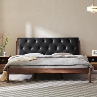 北欧全实木真皮床现代简约主卧双人床1.8米美式软包大床黑胡桃木