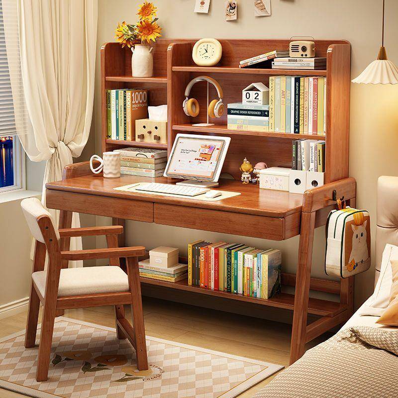 实木书桌学生家用桌书架一体桌子儿童学习桌电脑桌学生书桌厂