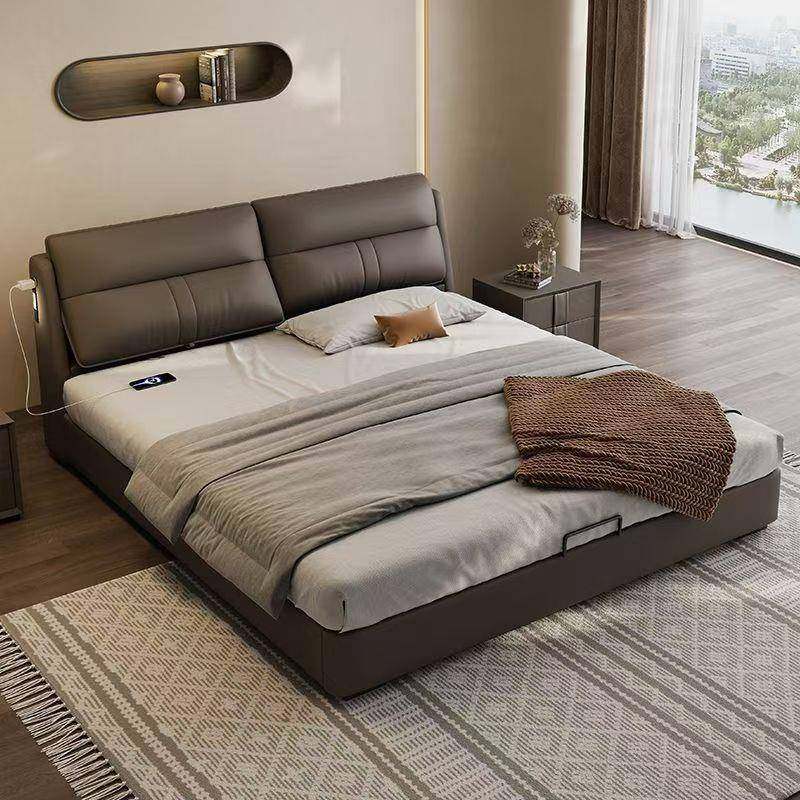 现代简约真皮床轻奢双人床1.8x2米靠背可调节软包床储物皮床婚床