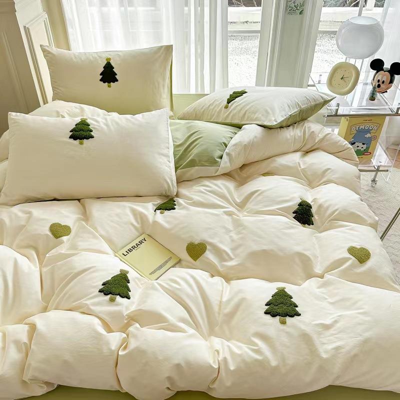 北欧简约纯棉水洗棉毛巾绣床上用品四件套床笠全棉床单被套三件套