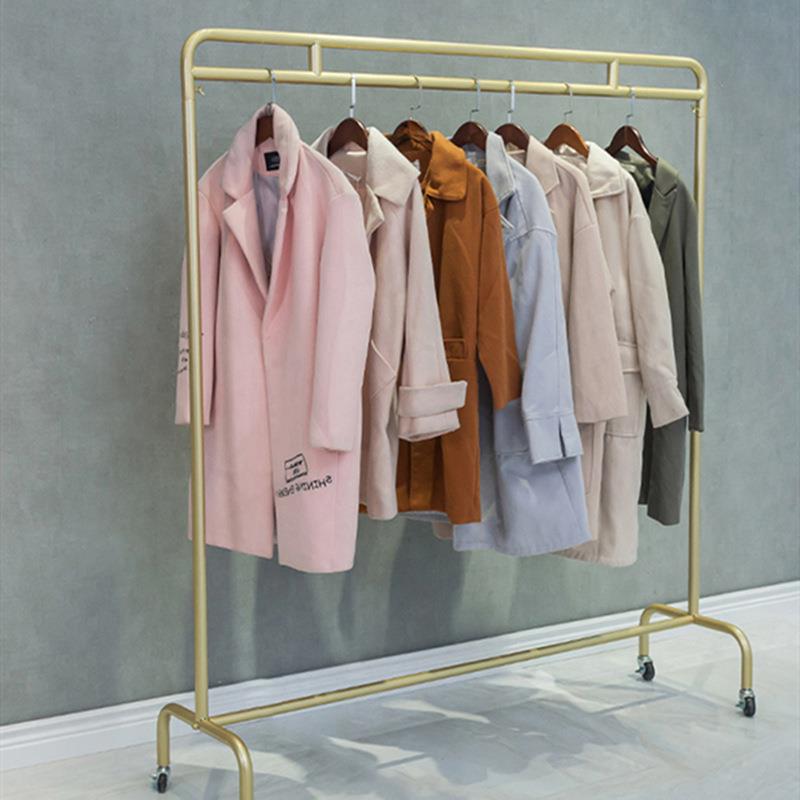 服装店展示架落地铁艺挂衣架货架水管单杆金色女装龙门架移动滑轮